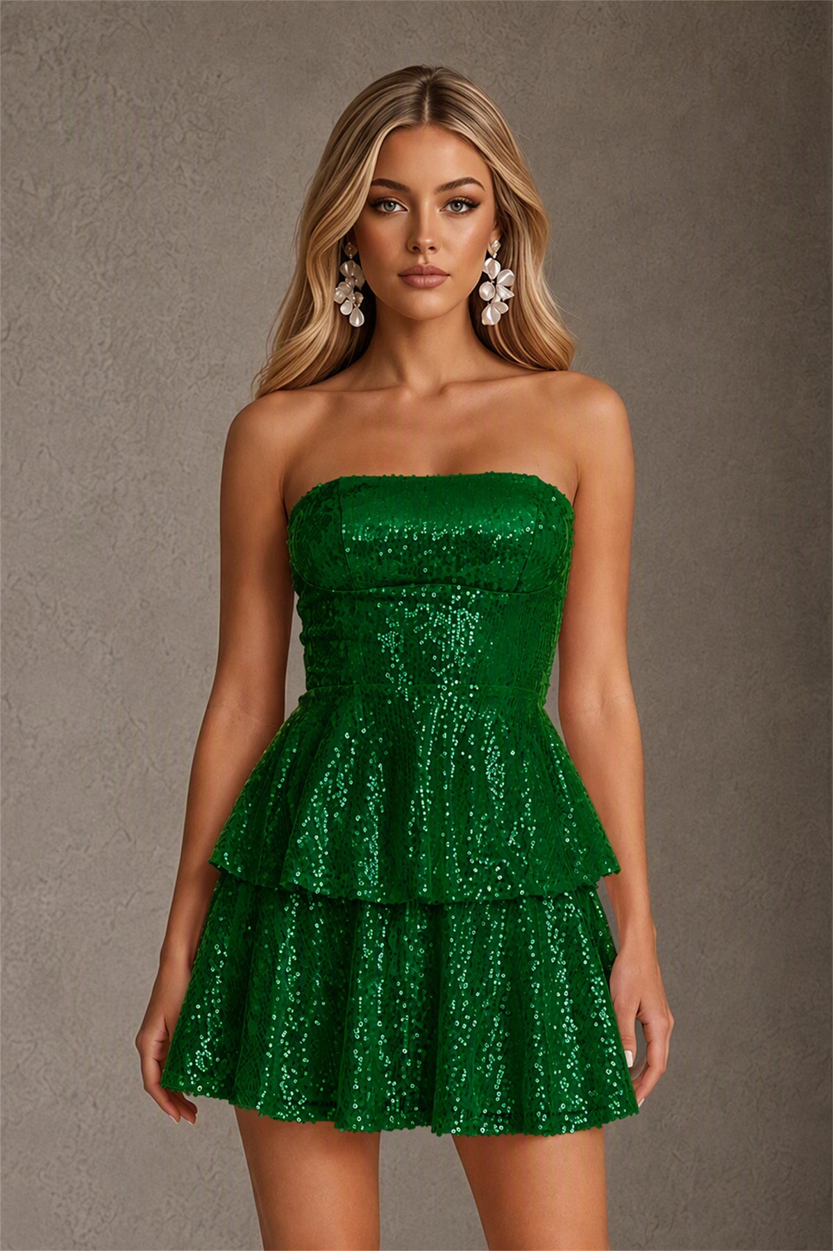 BOLODOO Emerald Green Iridescent Sequin Strapless Open Back Bow Tiered Mini Dress | Aurora Sequin Ruffle Party Dress - Emerald Green