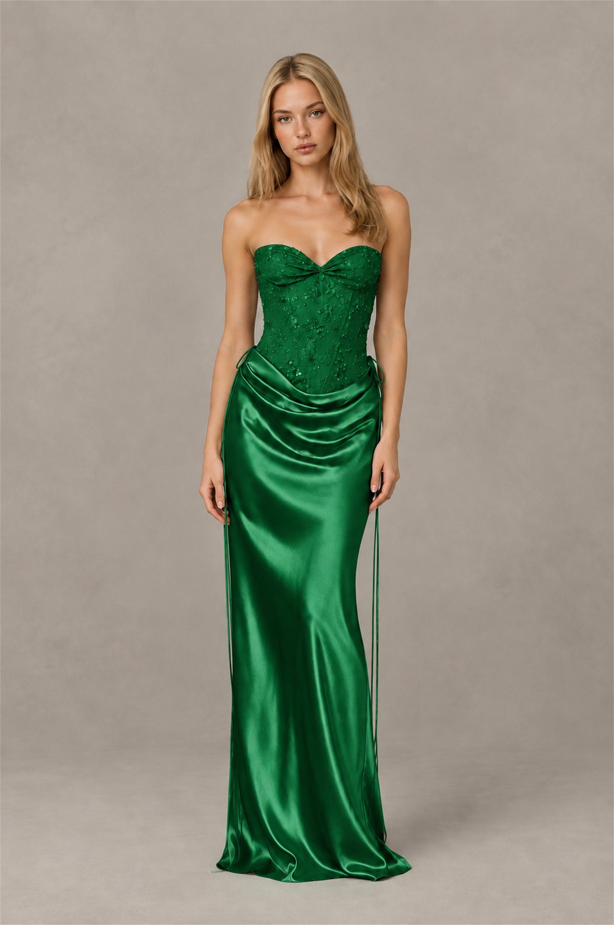 BOLODOO Emerald Green Strapless Embellished Corset Satin-Look Maxi Dress - Emerald Green