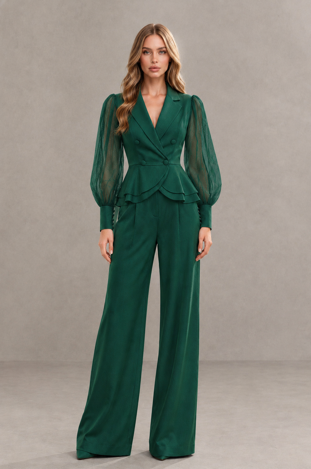 BOLODOO Mint Emerald Green Peplum Blazer Wide-Leg Pantsuit with Sheer Puff Sleeves - Emerald Green