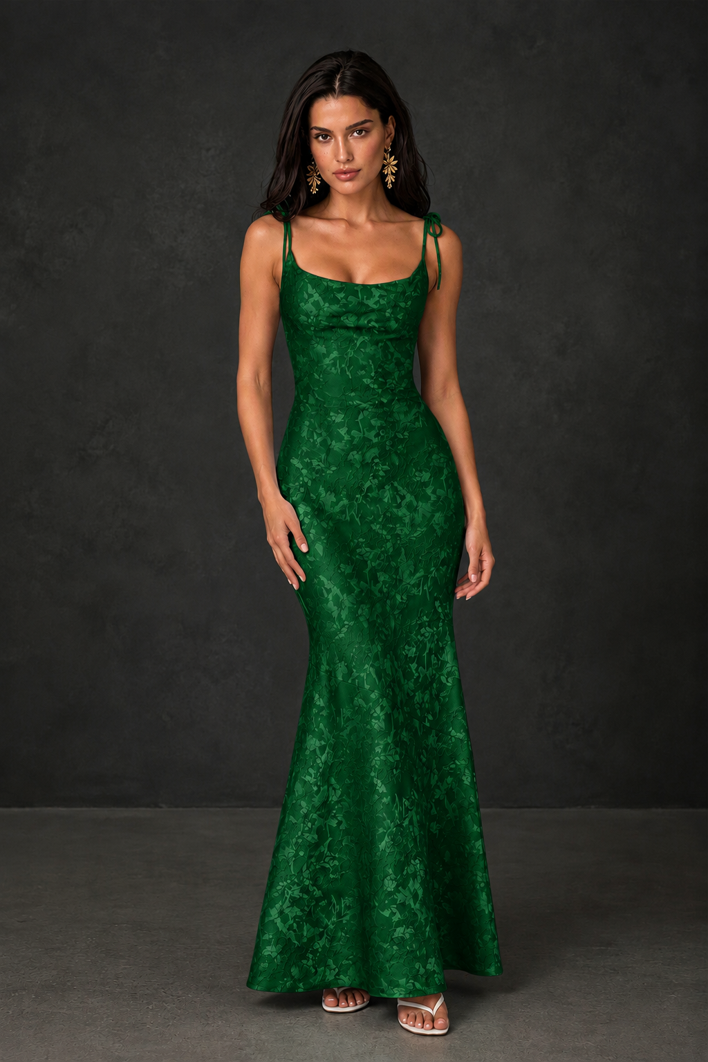 BOLODOO Emerald Green Scoop Neck Tie Strap Lace-Up Back Floral Jacquard Mermaid Maxi Dress - Emerald Green