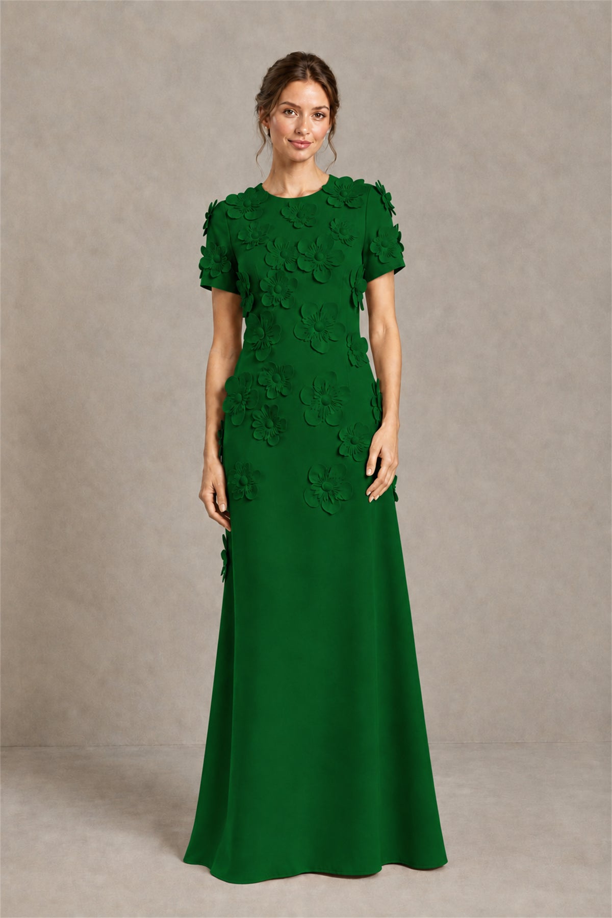 BOLODOO Emerald Green Textured Floral Maxi Dress with Short Sleeves - Emerald Green