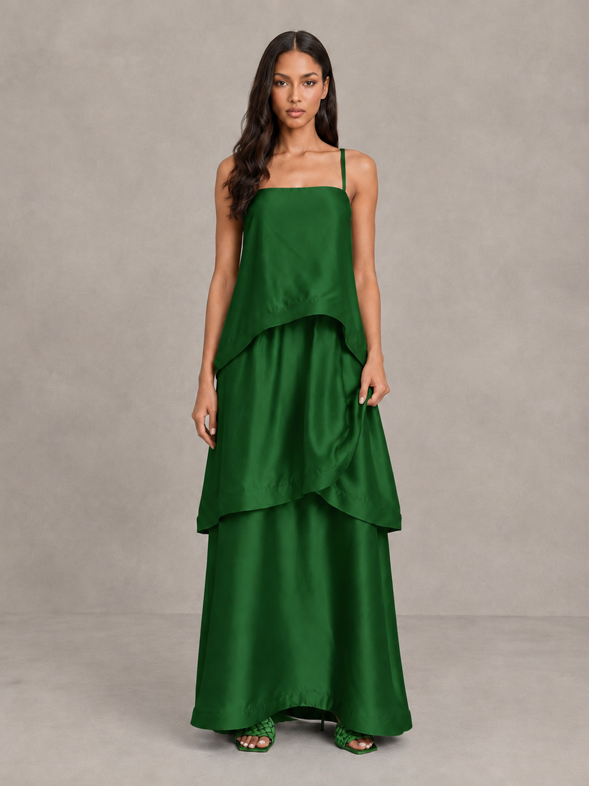 BOLODOO Emerald Green Satin Tiered Maxi Dress with Spaghetti Straps - Emerald Green