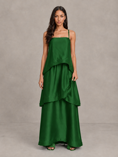 BOLODOO Emerald Green Satin Tiered Maxi Dress with Spaghetti Straps - Emerald Green
