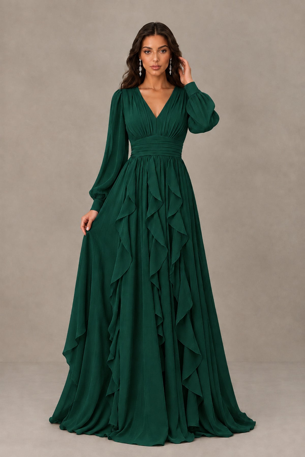 BOLODOO Emerald Green Long Sleeve V-Neck Ruffle Maxi Dress - Emerald Green - Emerald Green (1)