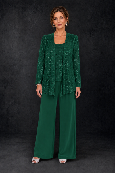 BOLODOO Emerald Green Sequin Lace 3-Piece Pant Suit with Long Sleeve Jacket - Emerald Green - Emerald Green (1)