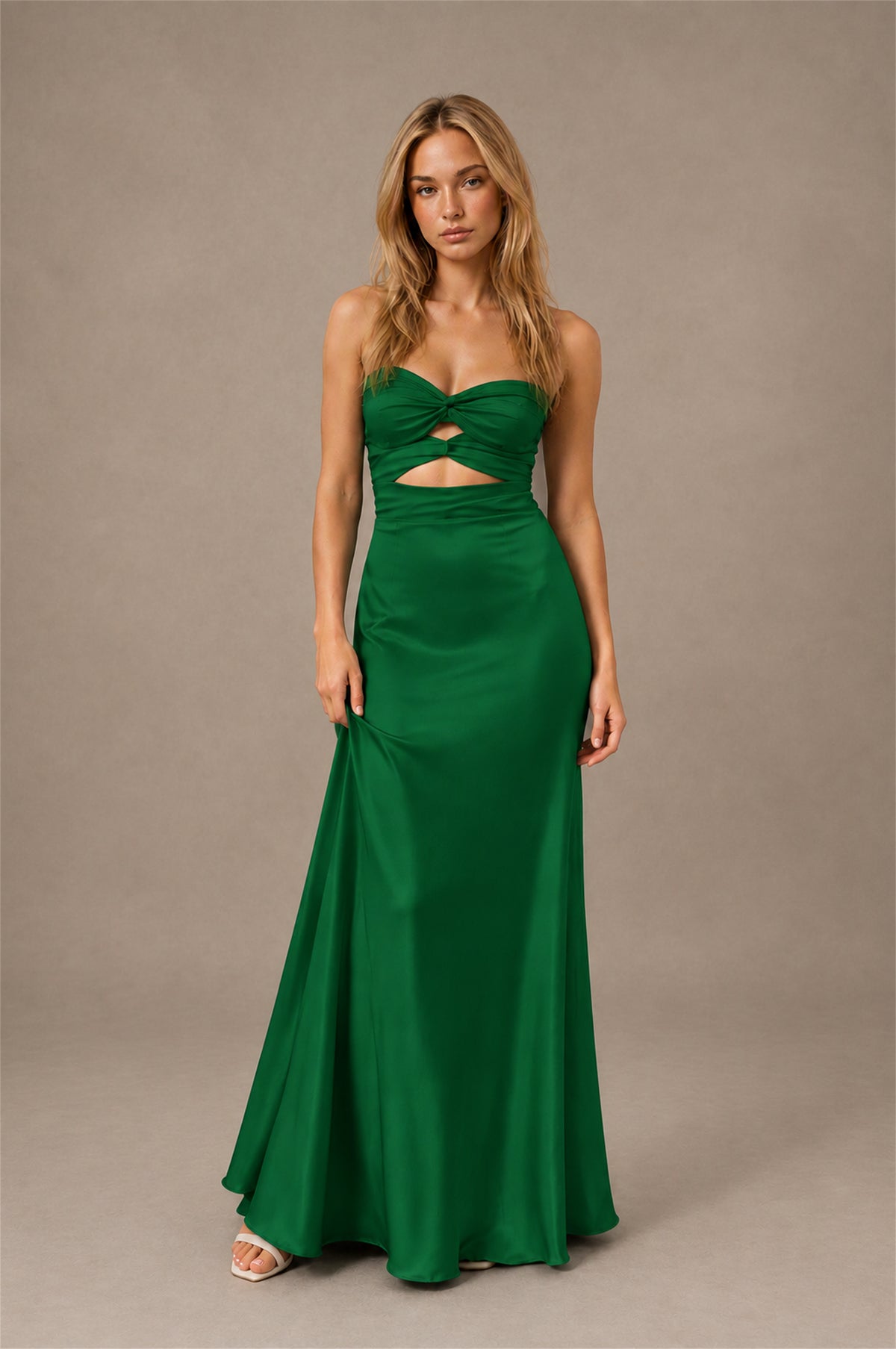BOLODOO Emerald Green Sweetheart Strapless Twist Knot Cutout Lace-Up Back Satin Mermaid Maxi Dress - Emerald Green - Emerald Green (1)