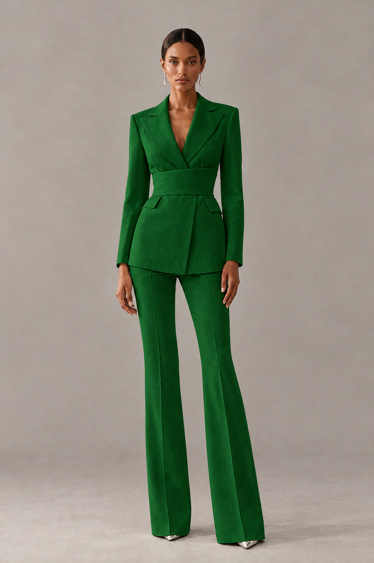 BOLODOO Emerald Green Two-Piece Pantsuit with Tailored Blazer & Flared Pants - Emerald Green - Emerald Green (1)