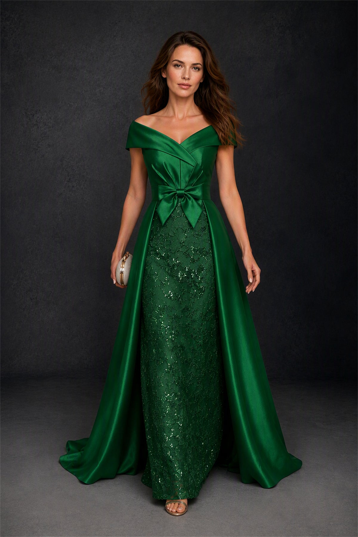 BOLODOO Steel Emerald Green Off-Shoulder Satin Sequin Lace Mermaid Gown with Detachable Overskirt - Emerald Green