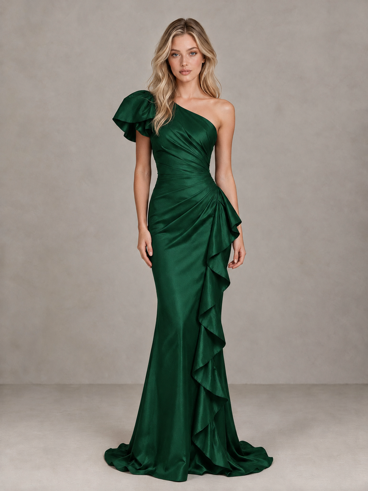 BOLODOO Emerald Green One-Shoulder Satin-Look Mermaid Evening Dress with Ruffles - Emerald Green - Emerald Green (1)