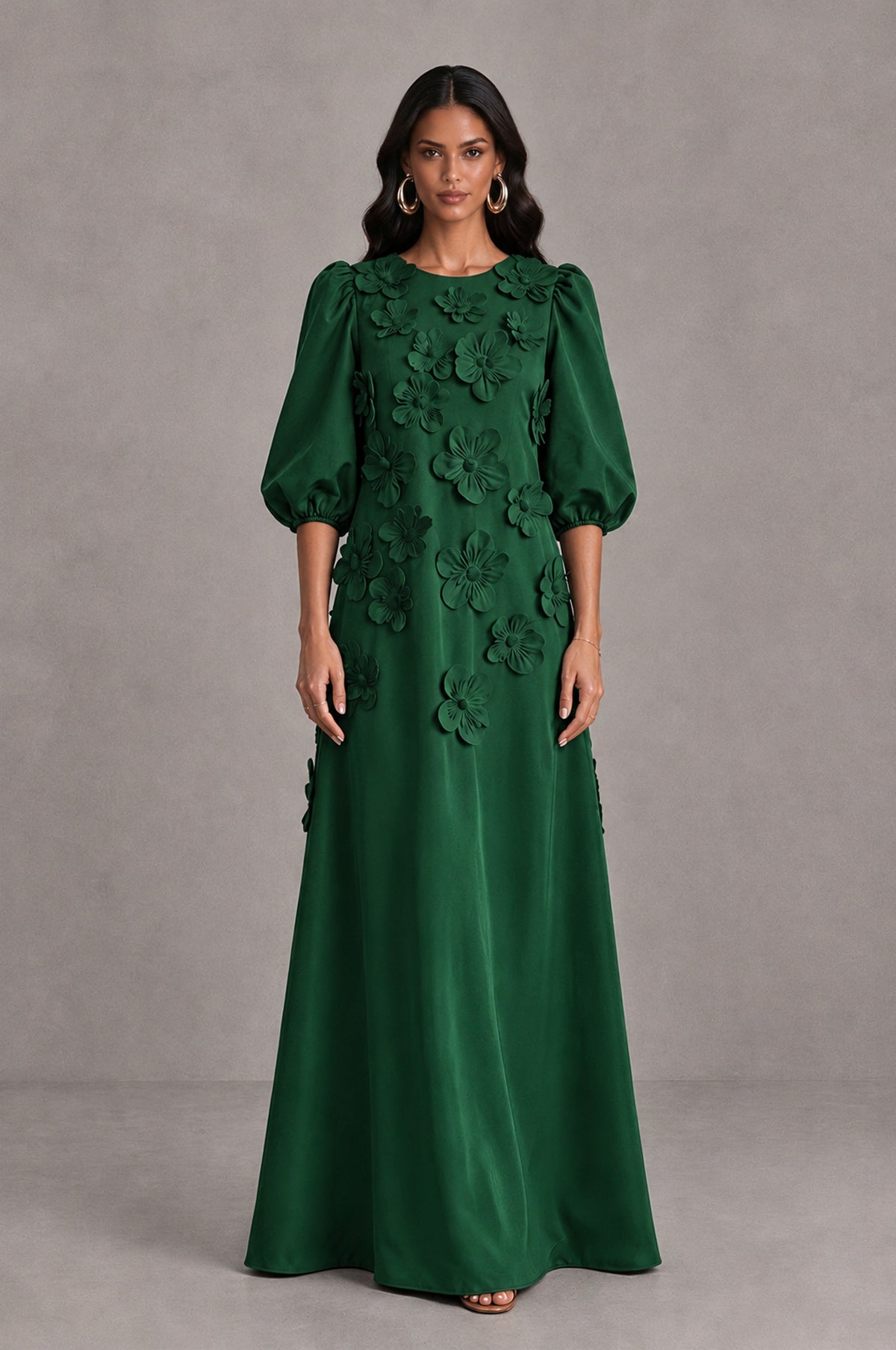 BOLODOO Emerald Green Floral Applique Puff Sleeve A-Line Evening Dress - Emerald Green - Emerald Green (1)