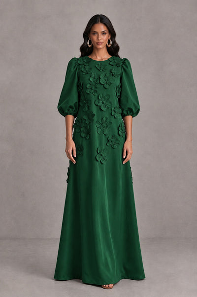 BOLODOO Emerald Green Floral Applique Puff Sleeve A-Line Evening Dress - Emerald Green - Emerald Green (1)