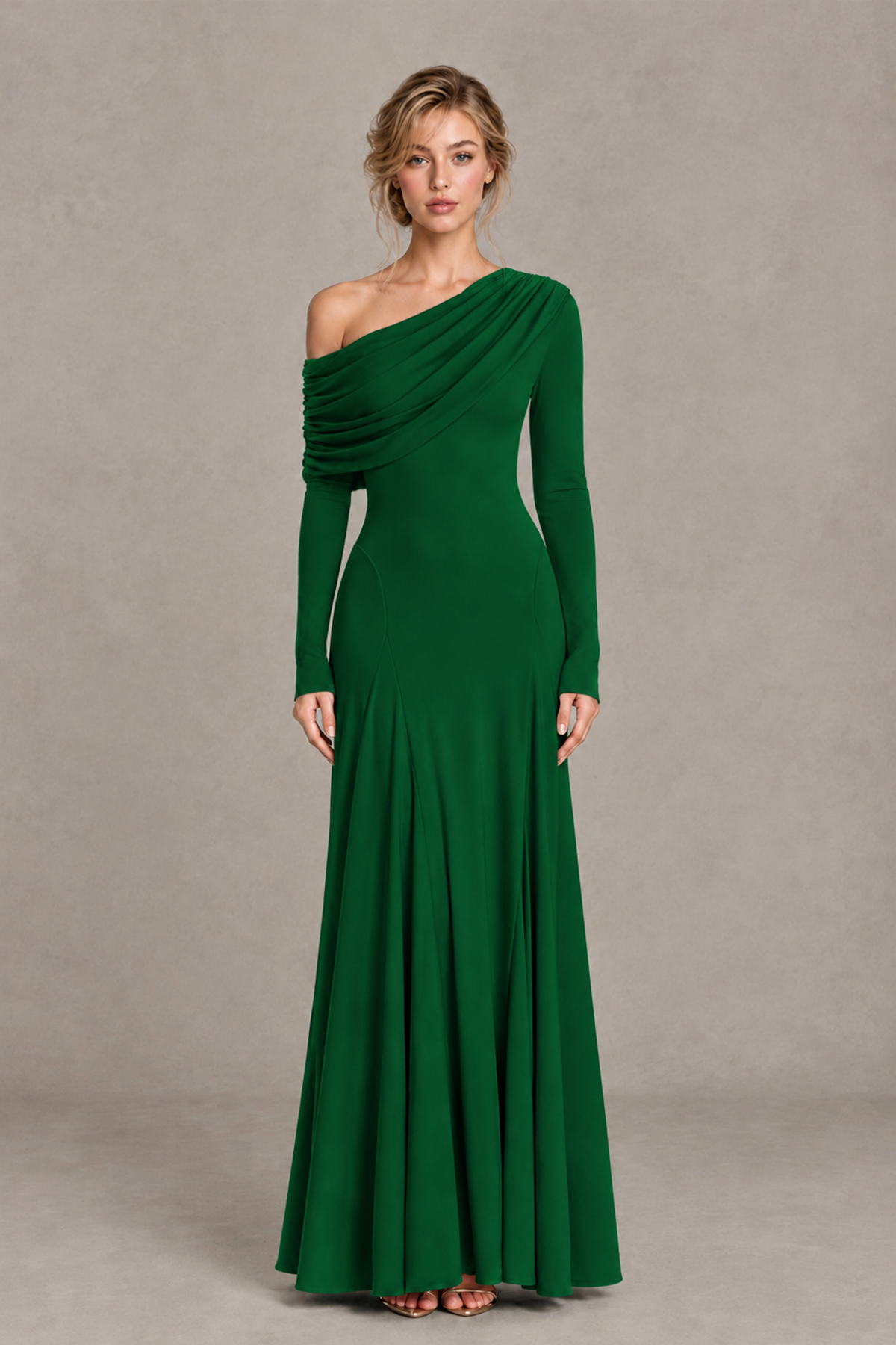BOLODOO Emerald Green Asymmetric Draped Long Sleeve Evening Gown - Emerald Green