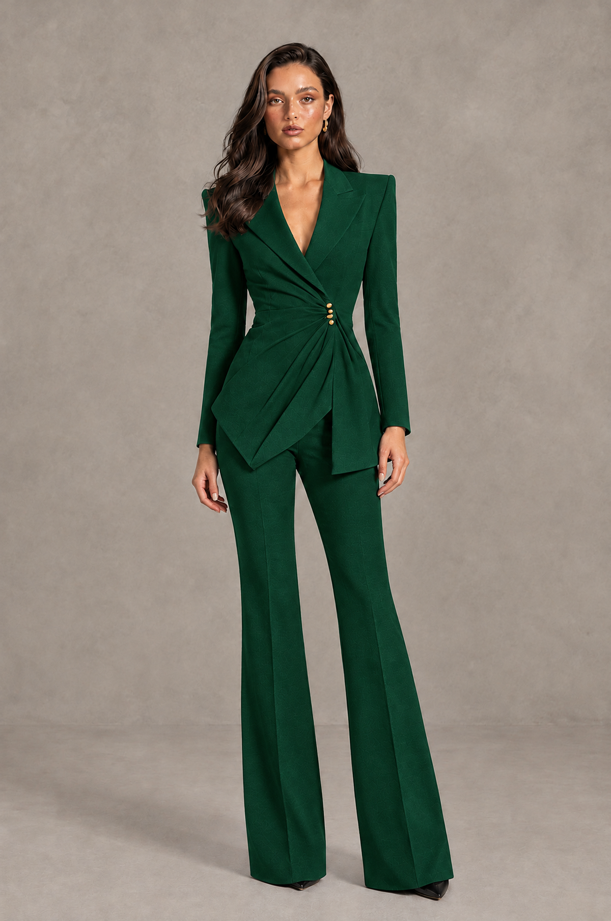 BOLODOO Emerald Green Long Sleeve Wrap Blazer Pantsuit with Wide-Leg Trousers - Emerald Green - Emerald Green (1)