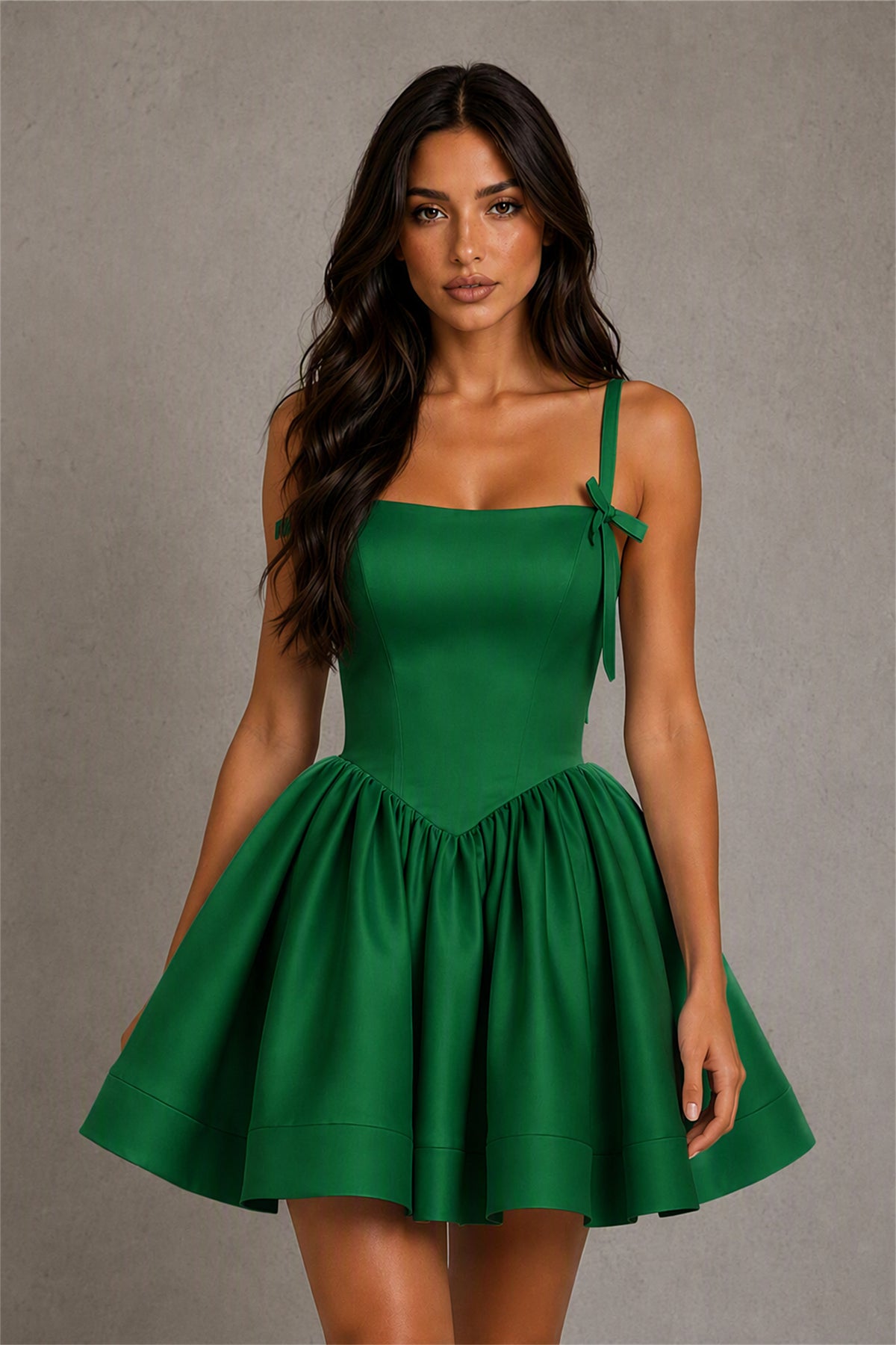 BOLODOO Baby Emerald Green Satin Square Neck Bow Strap Lace-Up Back Bubble Mini Dress | Cocktail Party Date Night Dress - Emerald Green