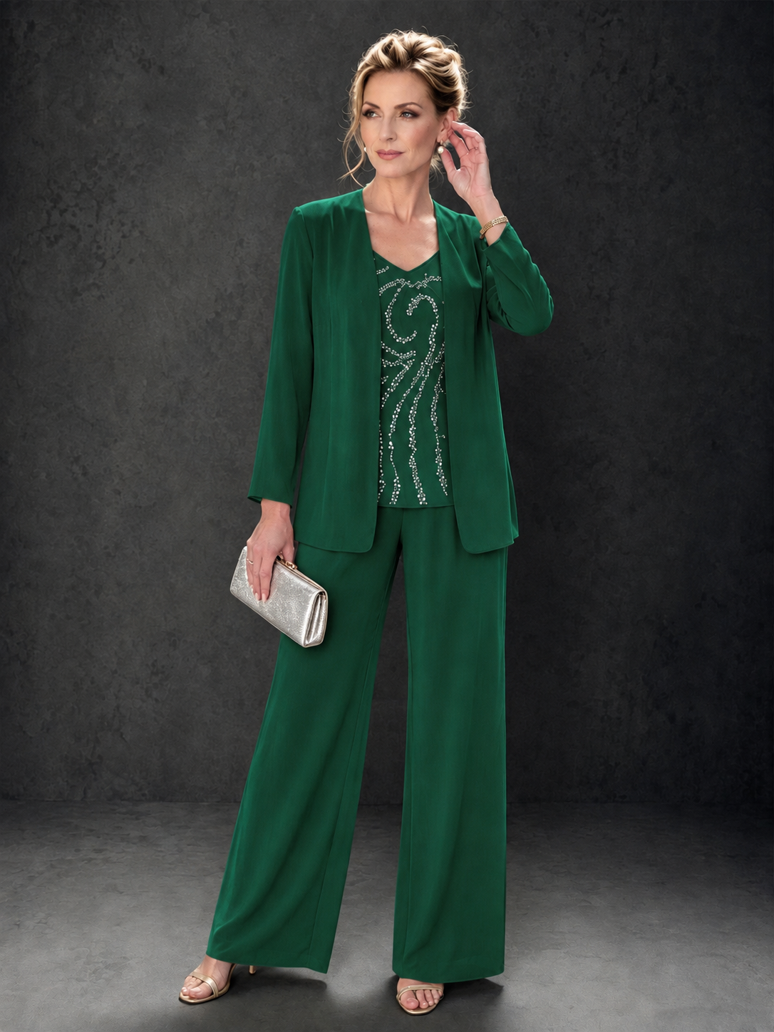 BOLODOO Emerald Green 3-Piece Mother of the Bride Pant Suit with Beaded Top & Chiffon Jacket - Emerald Green