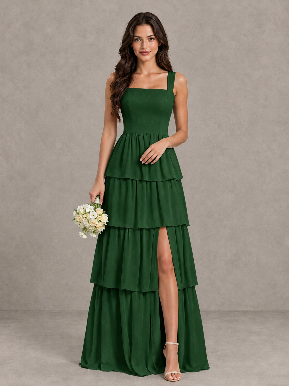 BOLODOO Emerald Green Square Neck Tiered Bridesmaid Dress with Slit - Emerald Green - Emerald Green (1)