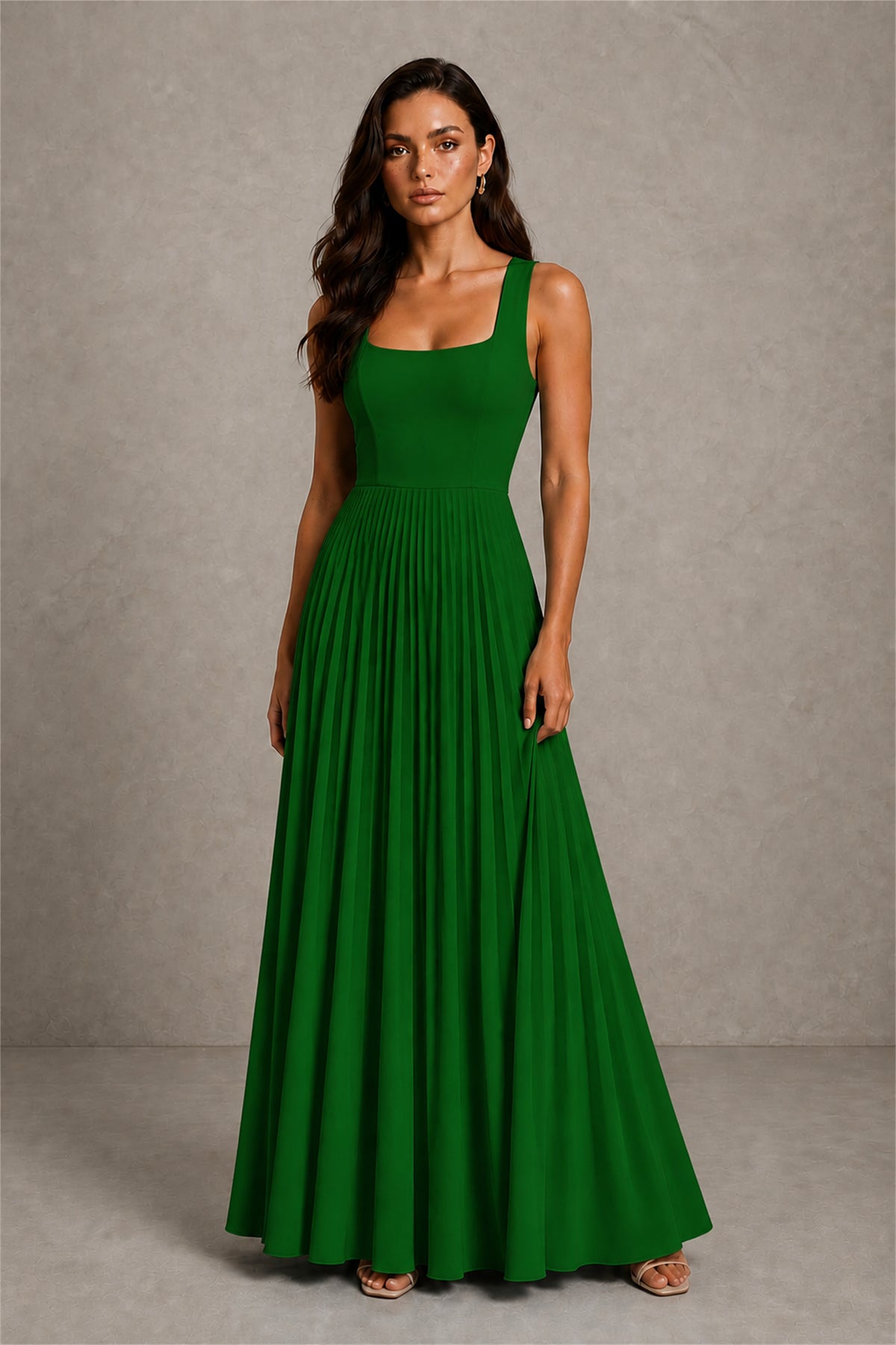 BOLODOO Emerald Green Square Neck Wide Strap Lace-Up Back Pleated A-Line Chiffon Maxi Dress - Emerald Green