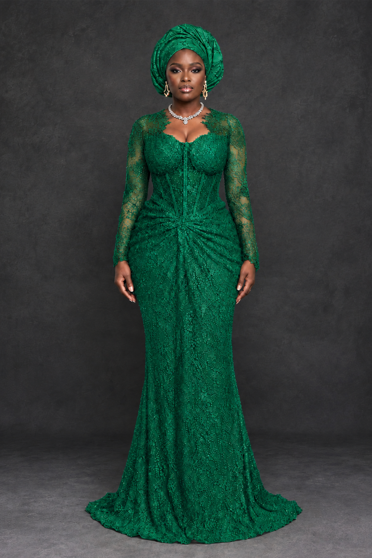 BOLODOO Emerald Green Beaded Lace Long Sleeve Mermaid Gown Sweetheart | Mother of the Bride - Emerald Green