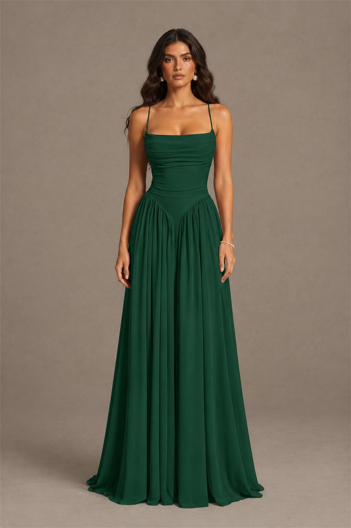 BOLODOO Emerald Green Spaghetti Strap Square Neck Ruched Chiffon Maxi Dress with Lace-Up Back - Emerald Green