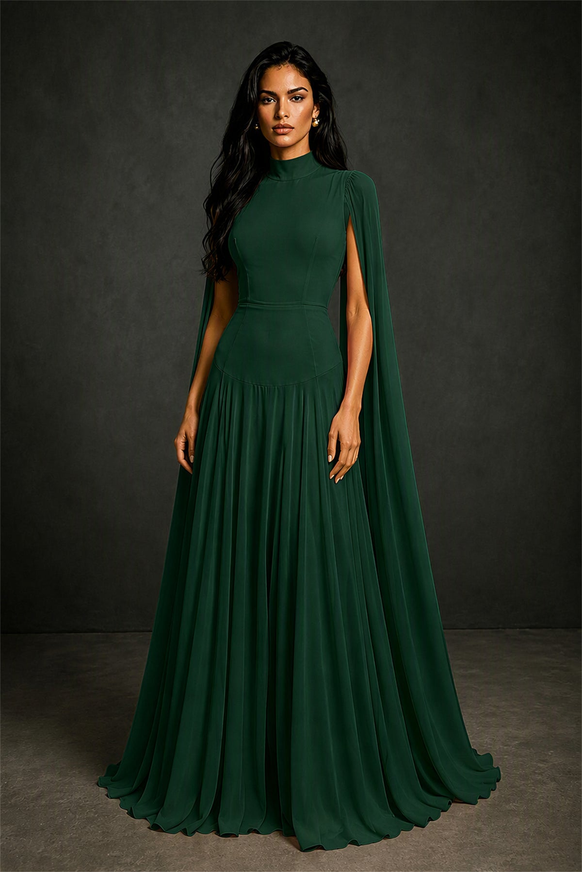 BOLODOO Emerald Green Mock Neck Cape Sleeve A-Line Chiffon Maxi Dress - Emerald Green