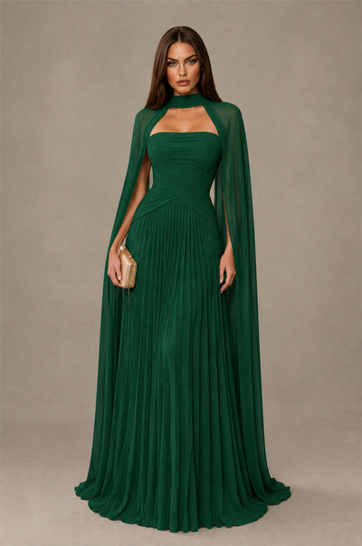 BOLODOO Emerald Green Strapless Crossover Ruched Bodice Detached Turtleneck Cape Lace-Up Back Pleated Chiffon Maxi Dress - Emerald Green
