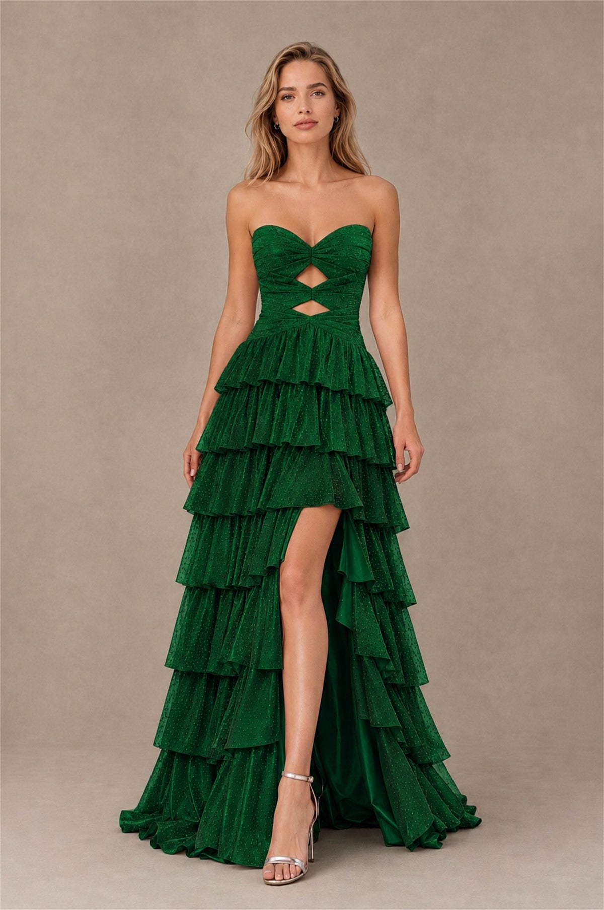 BOLODOO Emerald Green Strapless Cutout Tiered Ruffle Prom Dress with High Slit - Emerald Green - Emerald Green (1)