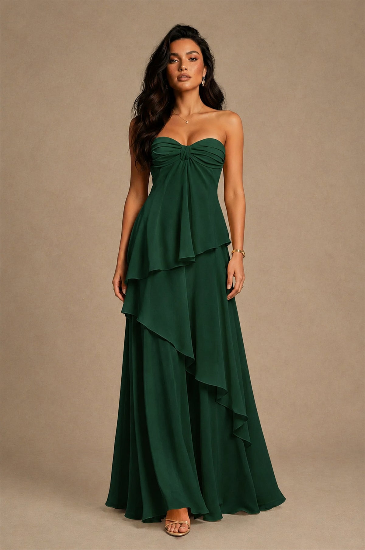 BOLODOO Emerald Green Strapless Sweetheart Knotted Chiffon Tiered Maxi Dress with Lace-Up Back - Emerald Green