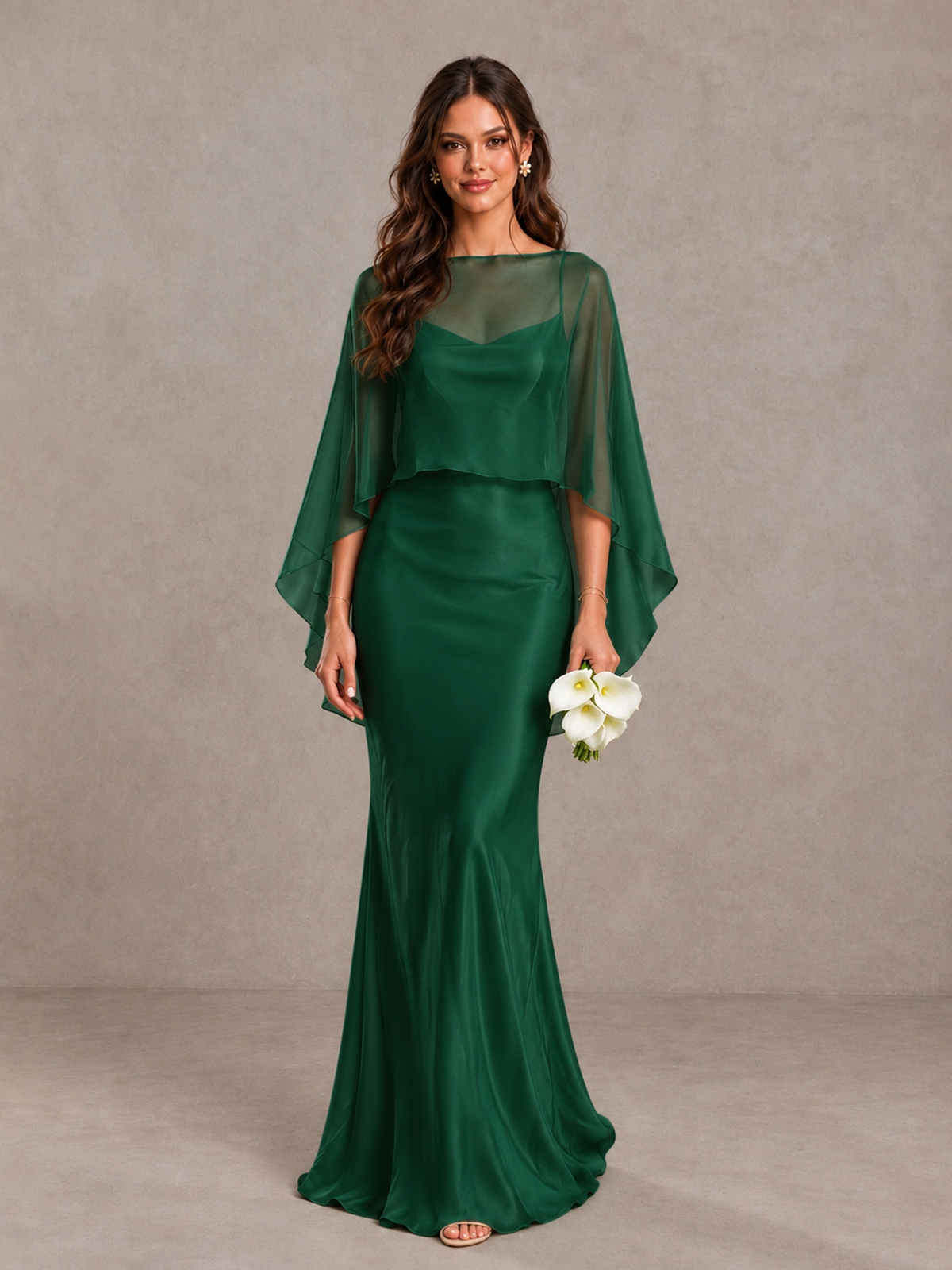 BOLODOO Emerald Green Satin Mermaid Bridesmaid Dress with Chiffon Cape - Emerald Green - Emerald Green (1)