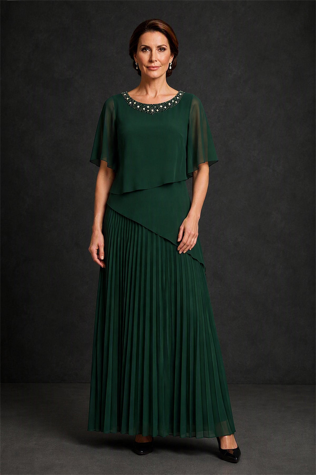 BOLODOO Emerald Green Pearl Beaded Neck Asymmetric Tiered Flutter Sleeve Pleated Chiffon Maxi Dress - Emerald Green
