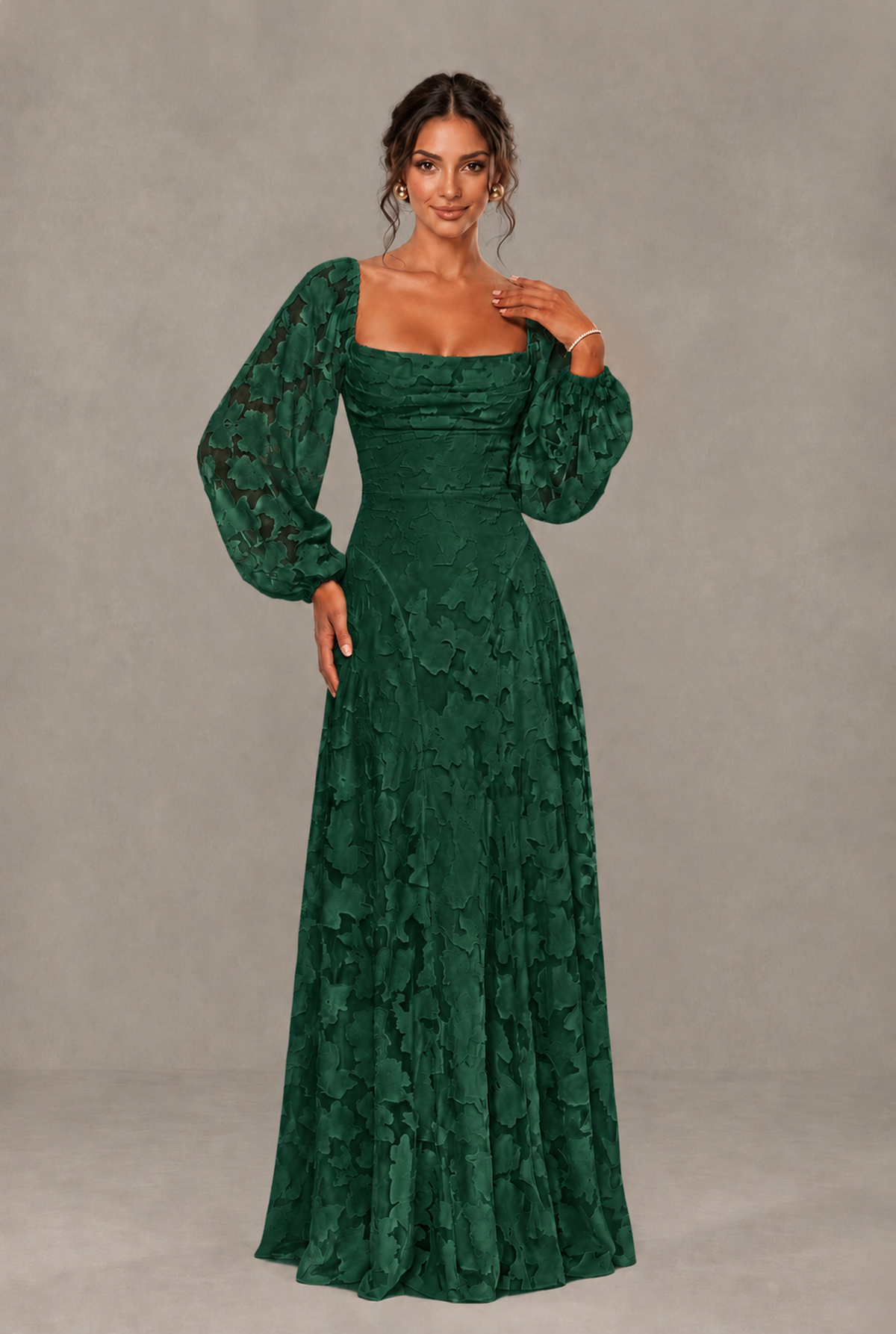 BOLODOO Floral Emerald Green Long Sleeve A-Line Dress with Lace-Up Back - Emerald Green