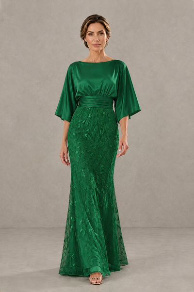 BOLODOO Emerald Green Mother of the Bride Dress with Kimono Sleeves, Satin Bodice & Sequin Embroidered Mermaid Floor-Length Gown - Emerald Green - Emerald Green (1)