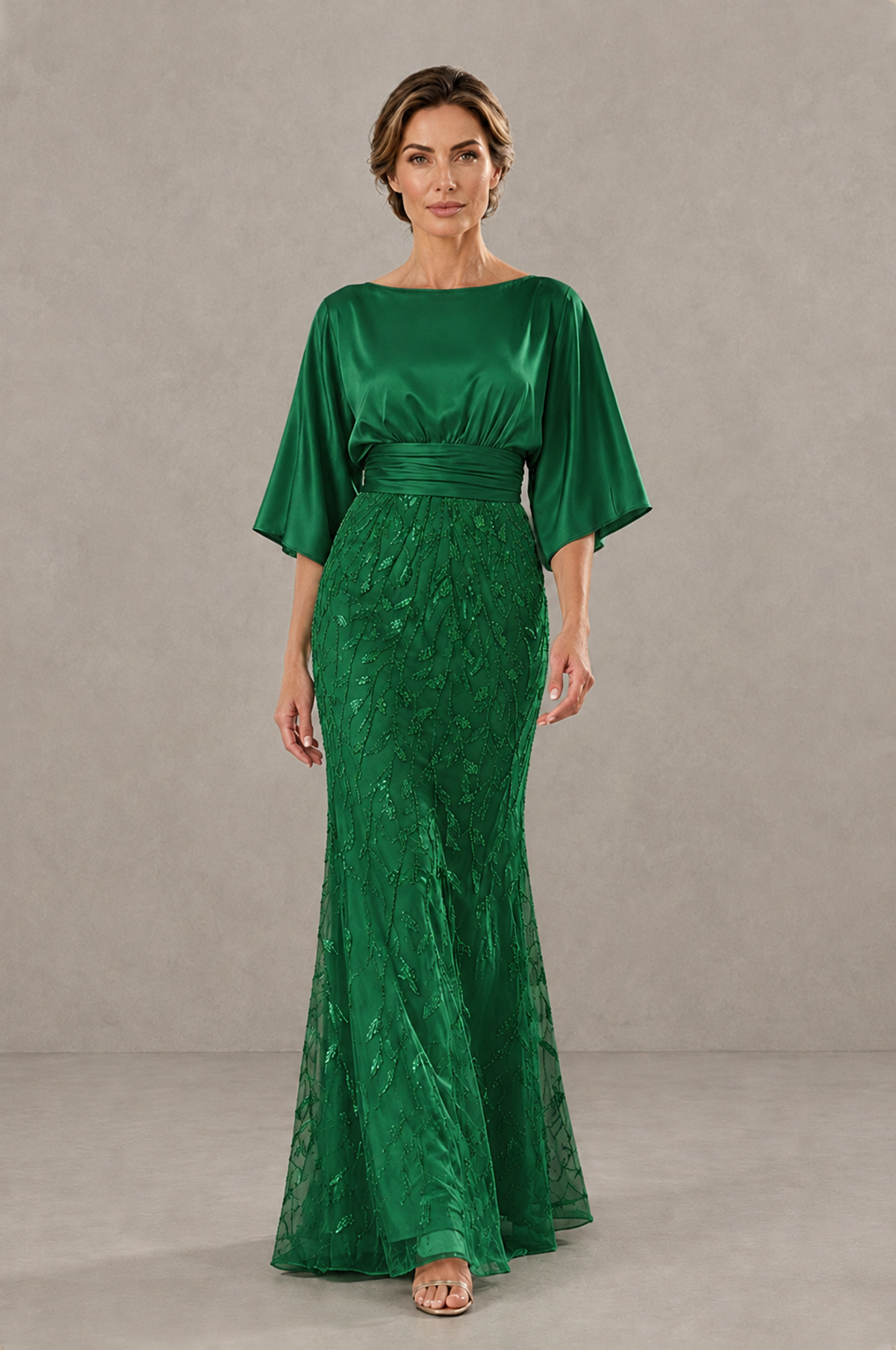 BOLODOO Emerald Green Mother of the Bride Dress with Kimono Sleeves, Satin Bodice & Sequin Embroidered Mermaid Floor-Length Gown - Emerald Green - Emerald Green (1)