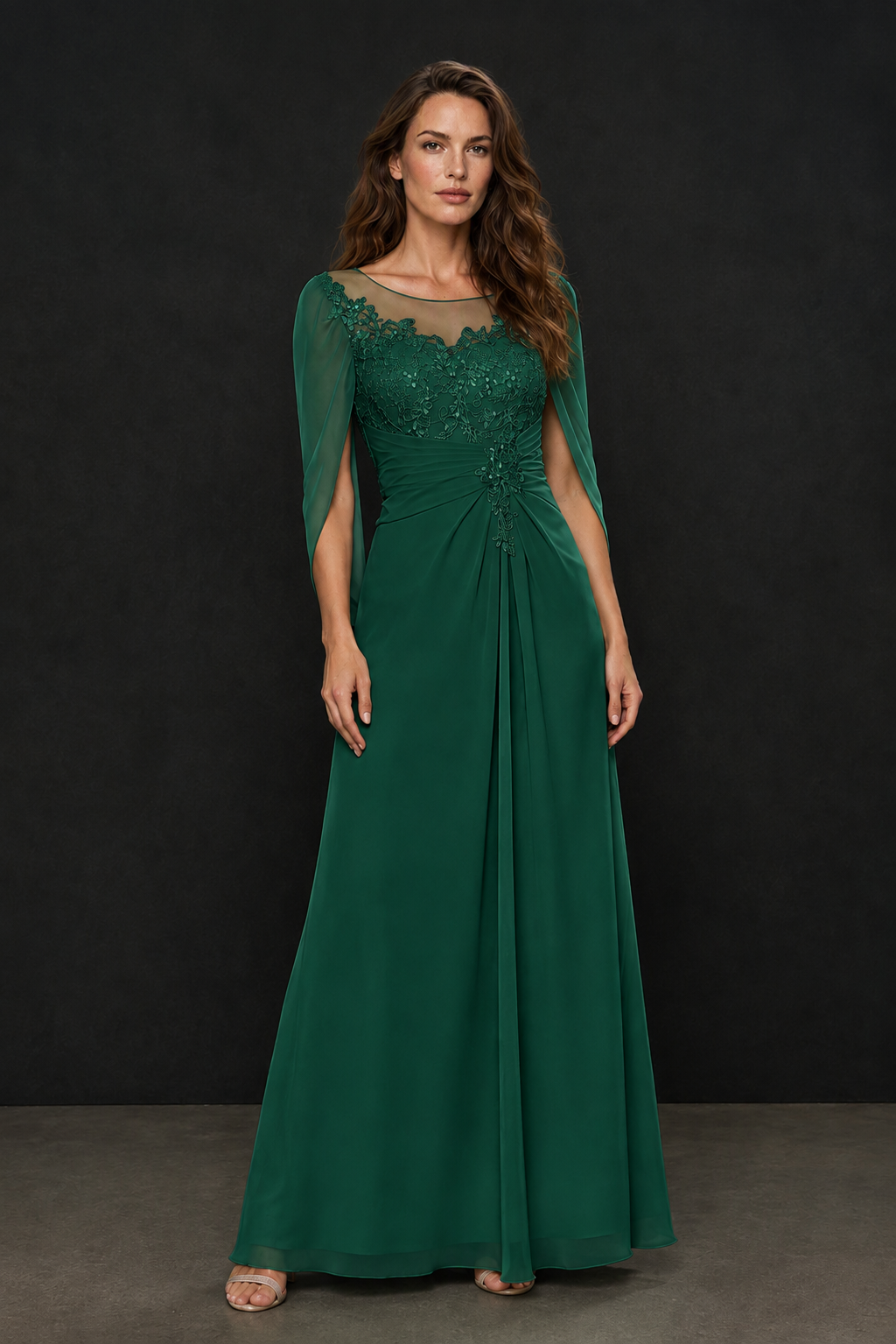 BOLODOO Emerald Green Illusion Lace One-Side Cape Sleeve Beaded Chiffon Floor Length Gown | Mother of the Bride Evening Dress - Emerald Green