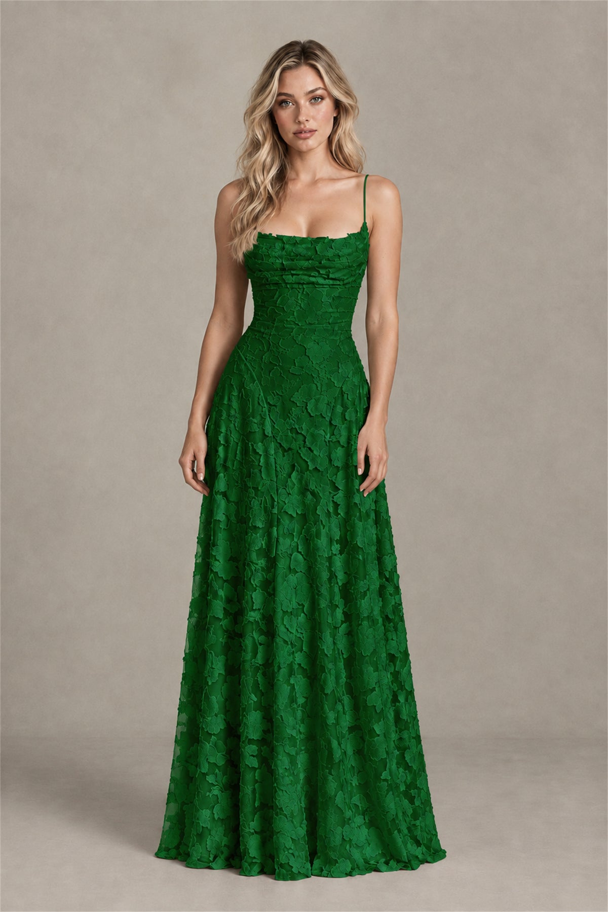 BOLODOO Emerald Green Floral Appliqué Lace-Up Back Maxi Dress - Emerald Green
