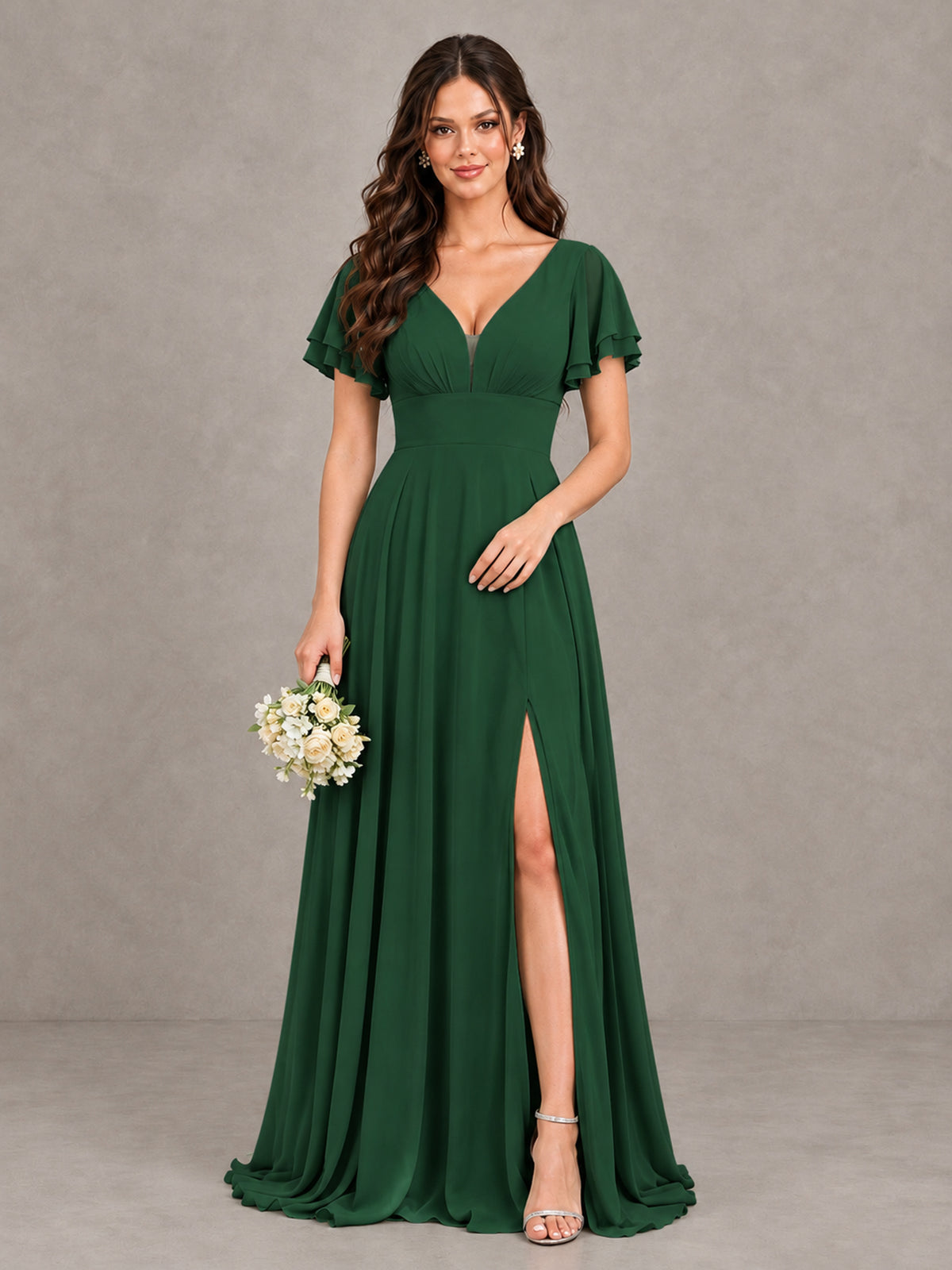 BOLODOO Emerald Green Flutter Sleeve Chiffon A-Line Maxi Bridesmaid Dress with Open Back & Slit - Emerald Green - Emerald Green (1)