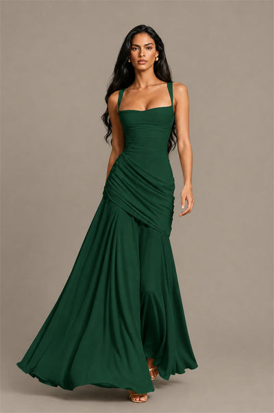 BOLODOO Square Neck Ruched A-Line Maxi Dress - Emerald Green Backless Evening Gown - Emerald Green