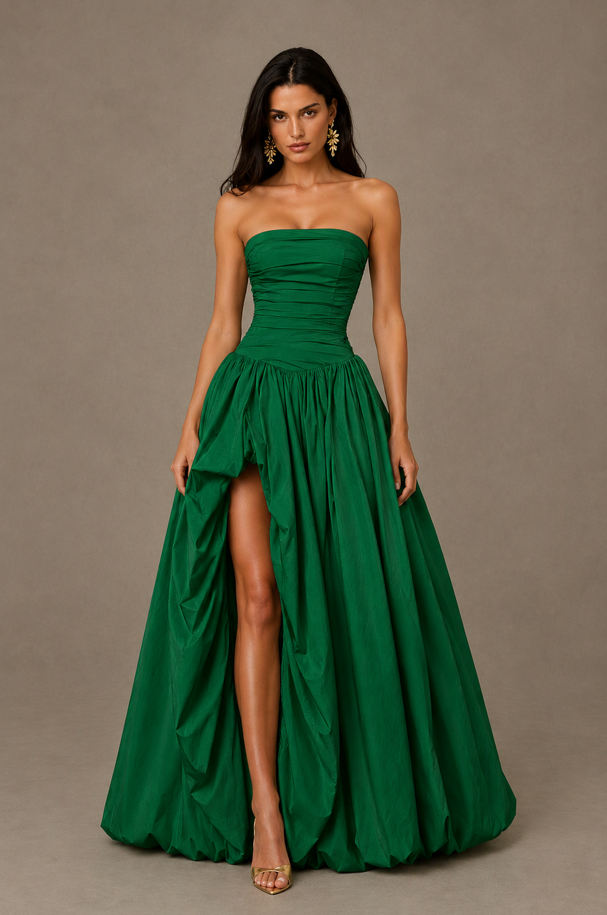 BOLODOO Emerald Green Strapless Ruched Corset Lace-Up Back Bubble Skirt High Slit Taffeta Maxi Dress - Emerald Green