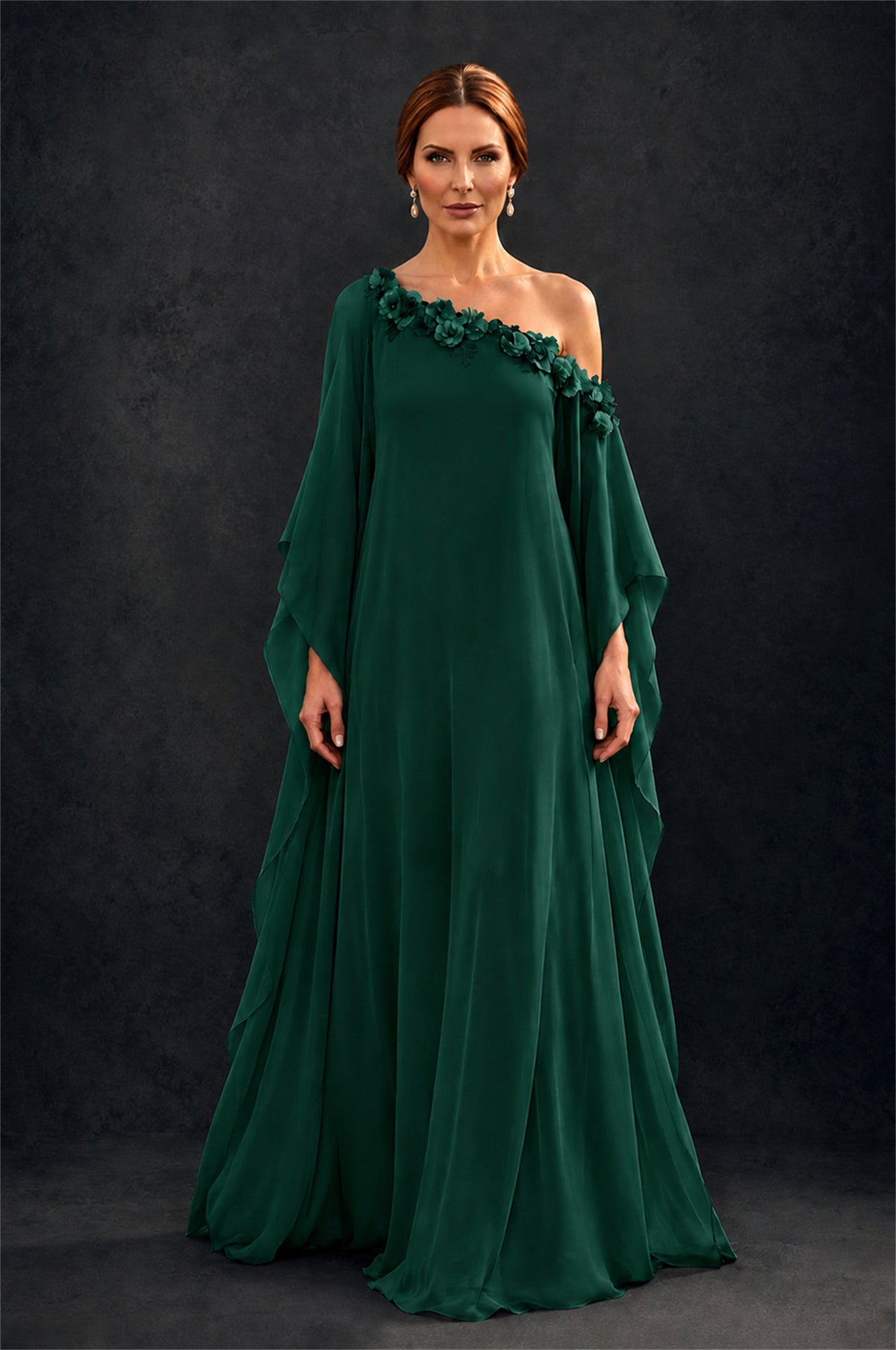 BOLODOO Emerald Green 2-Piece Set: Off-Shoulder 3D Floral Cape Gown & One-Shoulder Wide-Leg Jumpsuit | BD0373 - Emerald Green