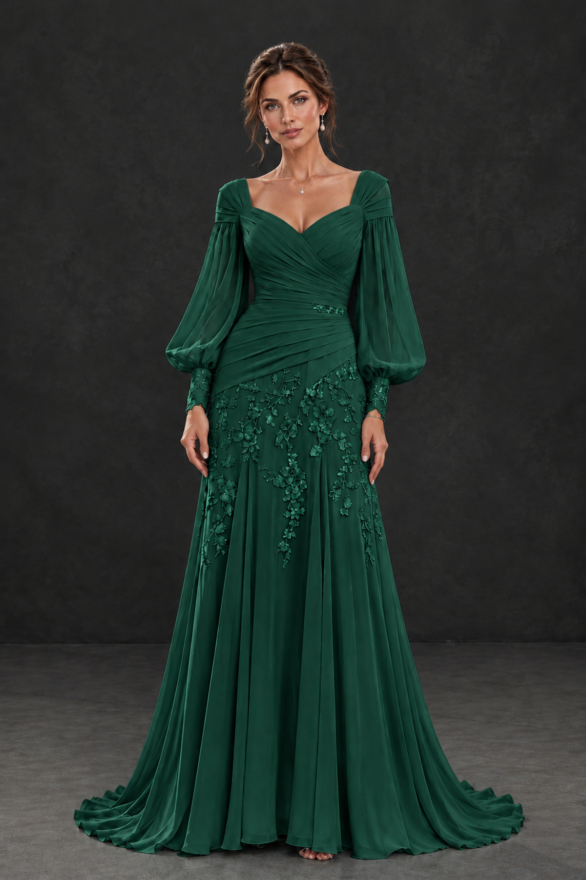 BOLODOO Emerald Green Long Sleeve Mother of the Bride Dress with Floral Appliqués - Emerald Green - Emerald Green (1)