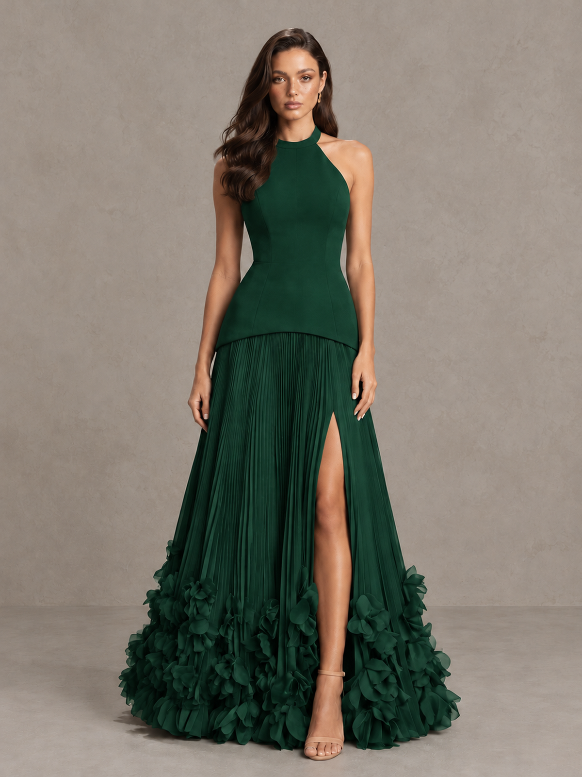 BOLODOO Emerald Green Halter Neck Floor-Length Evening Gown with High Slit & 3D Floral Hem - Emerald Green - Emerald Green (1)