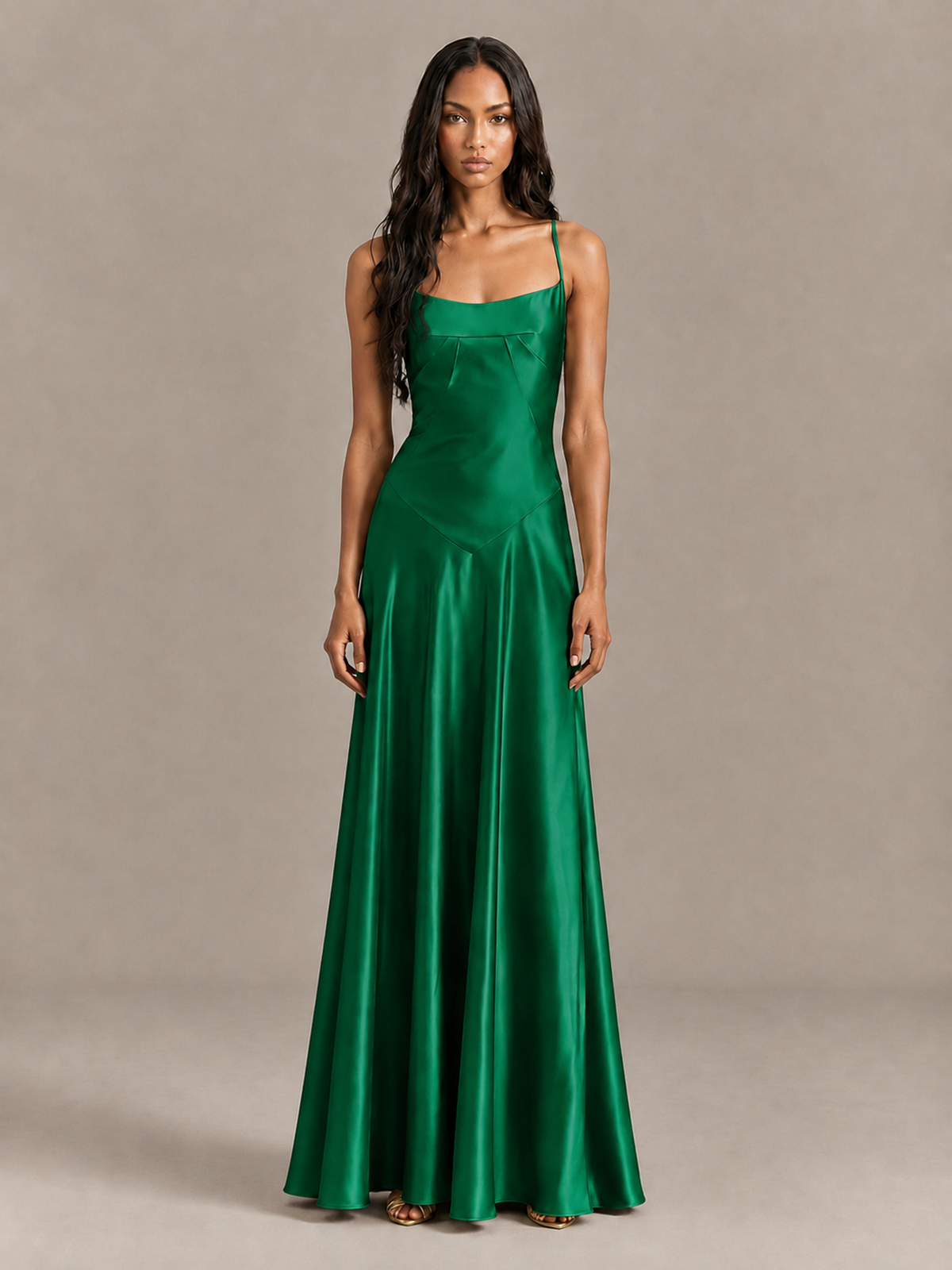 BOLODOO Emerald Green Satin Lace-Up Back Maxi Dress - Emerald Green