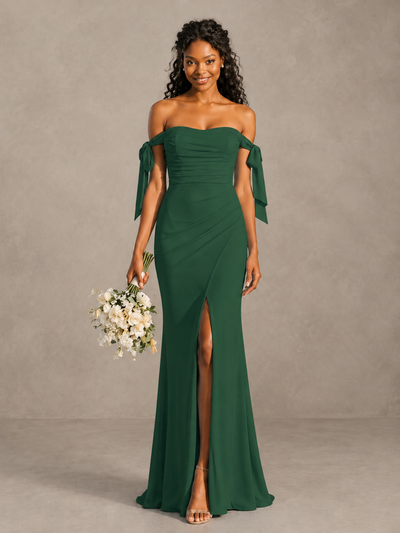 Emerald Green Off-Shoulder Bow Bridesmaid Dress with Slit - Emerald Green - Emerald Green (1)