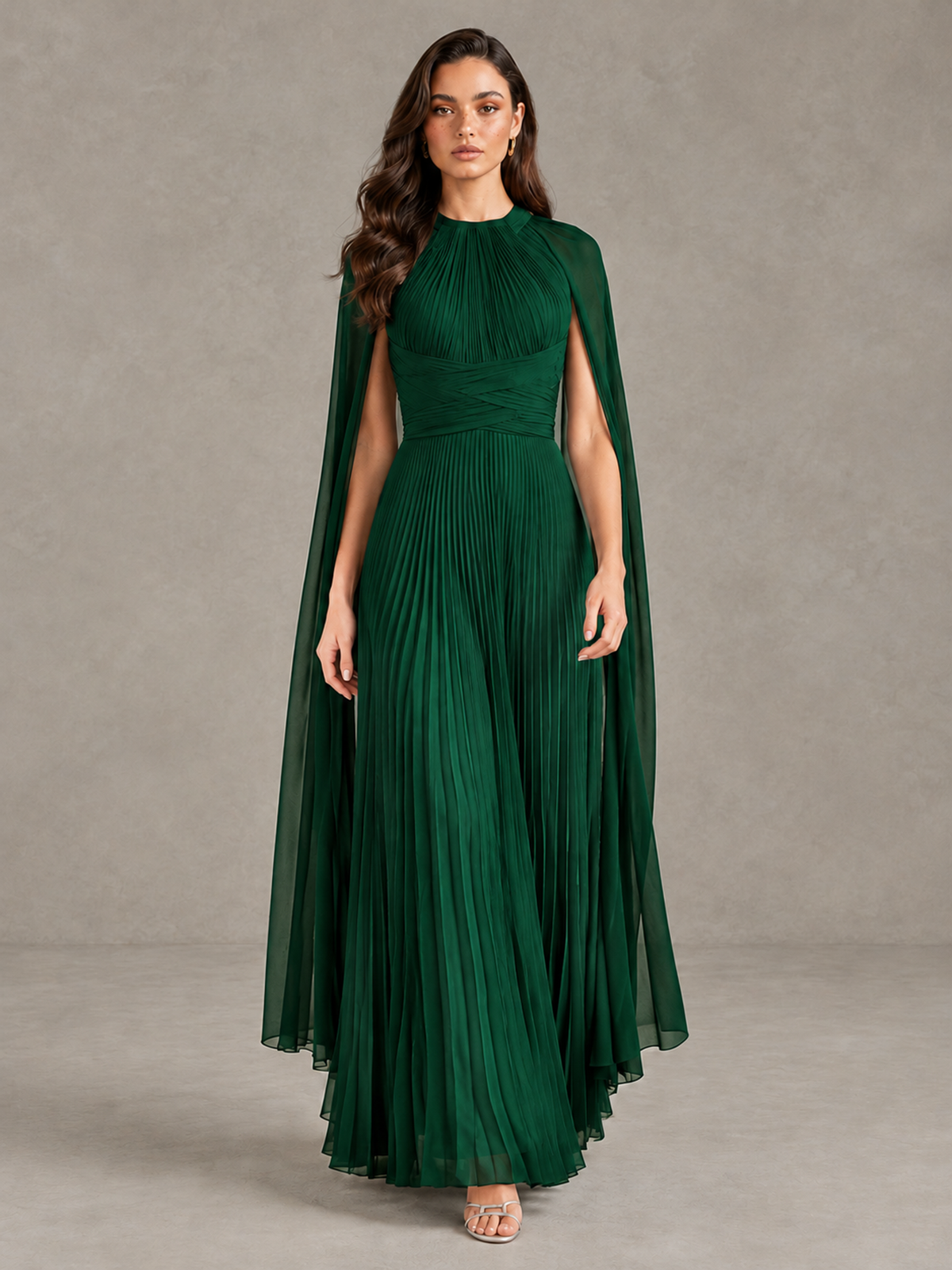 BOLODOO Emerald Green Pleated Cape Maxi Wedding Guest Dress - Emerald Green - Emerald Green (1)