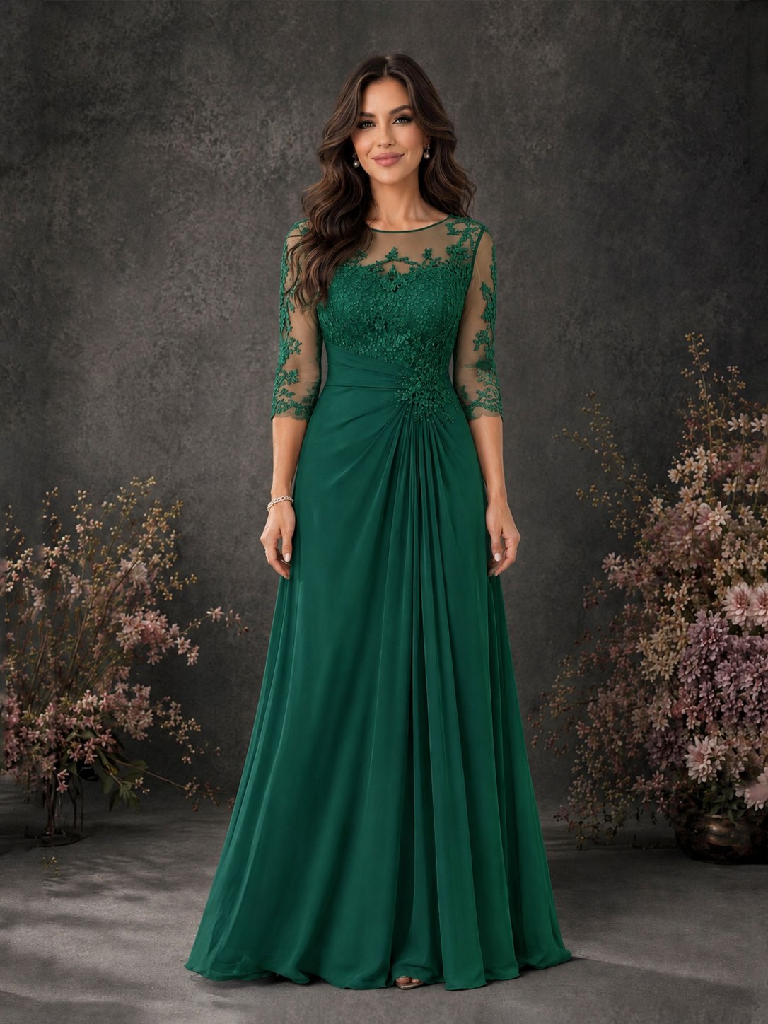 BOLODOO Emerald Green Chiffon Lace Illusion Neckline 3/4 Sleeve Floor Length Formal Gown - Emerald Green