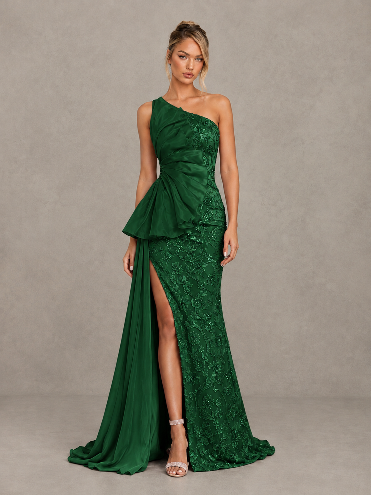 BOLODOO Emerald Green One-Shoulder Floral Lace Evening Gown with High Slit - Emerald Green - Emerald Green (1)