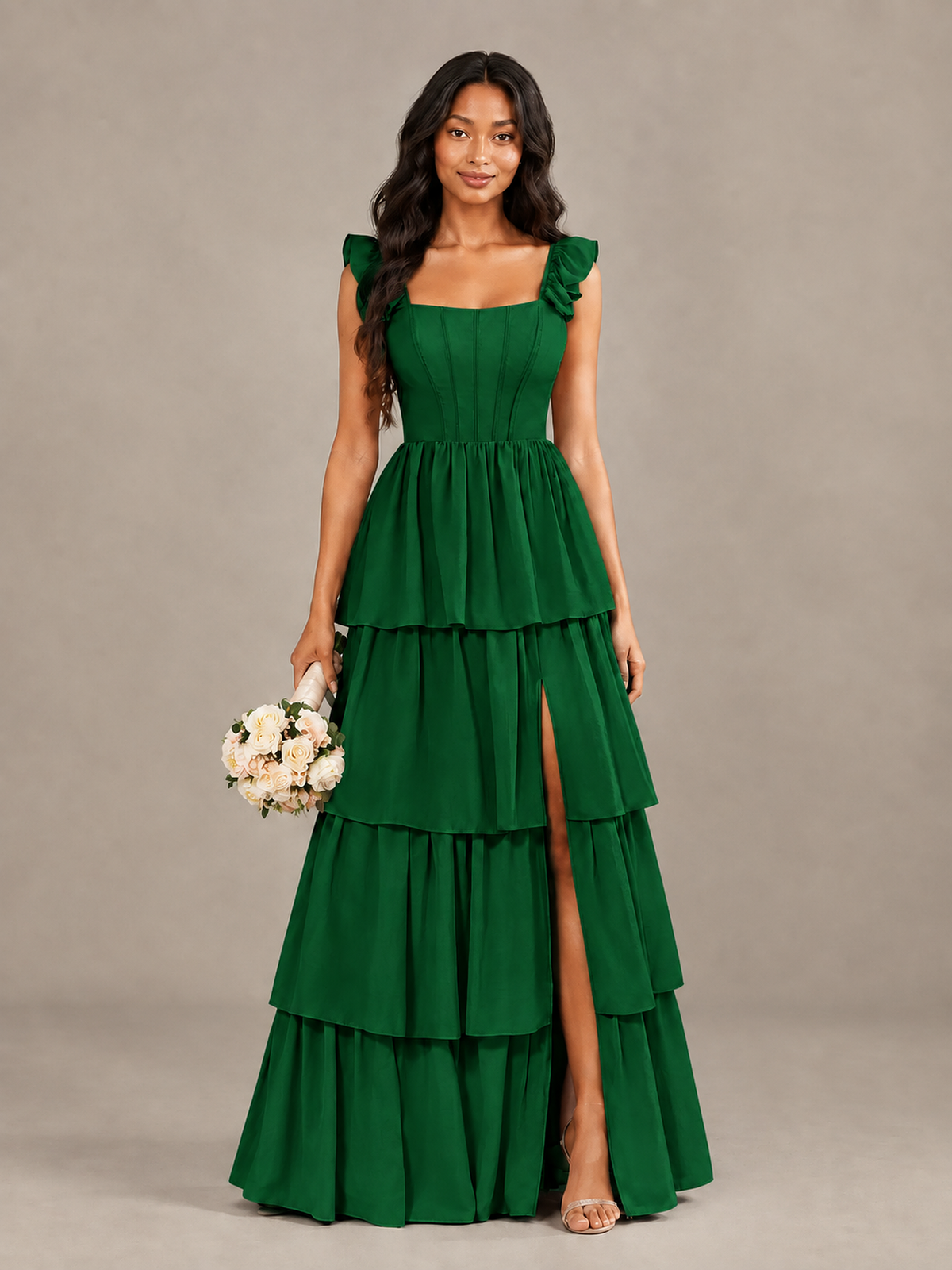 BOLODOO Emerald Green Tiered Maxi Bridesmaid Dress with Slit - Emerald Green