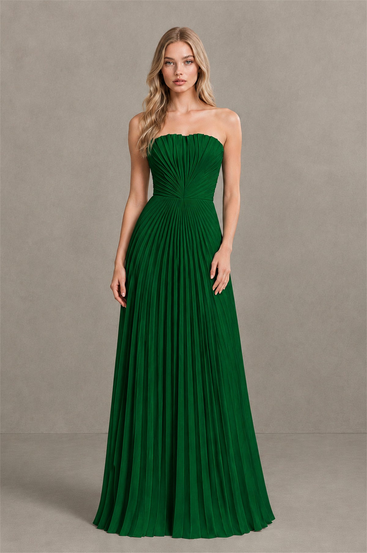 BOLODOO Emerald Green Strapless Sunburst Pleated Twisted Knot Lace-Up Back Accordion Pleated Chiffon Maxi Dress - Emerald Green