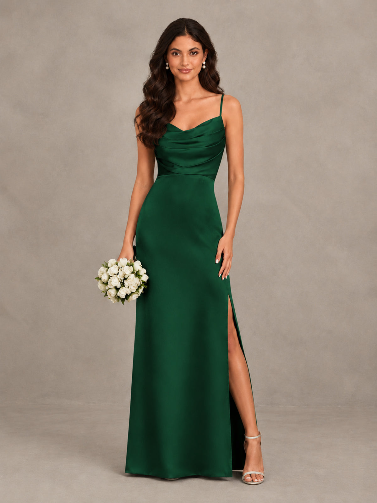 BOLODOO Emerald Green Cowl Neck Satin Bridesmaid Dress with Slit - Emerald Green - Emerald Green (1)