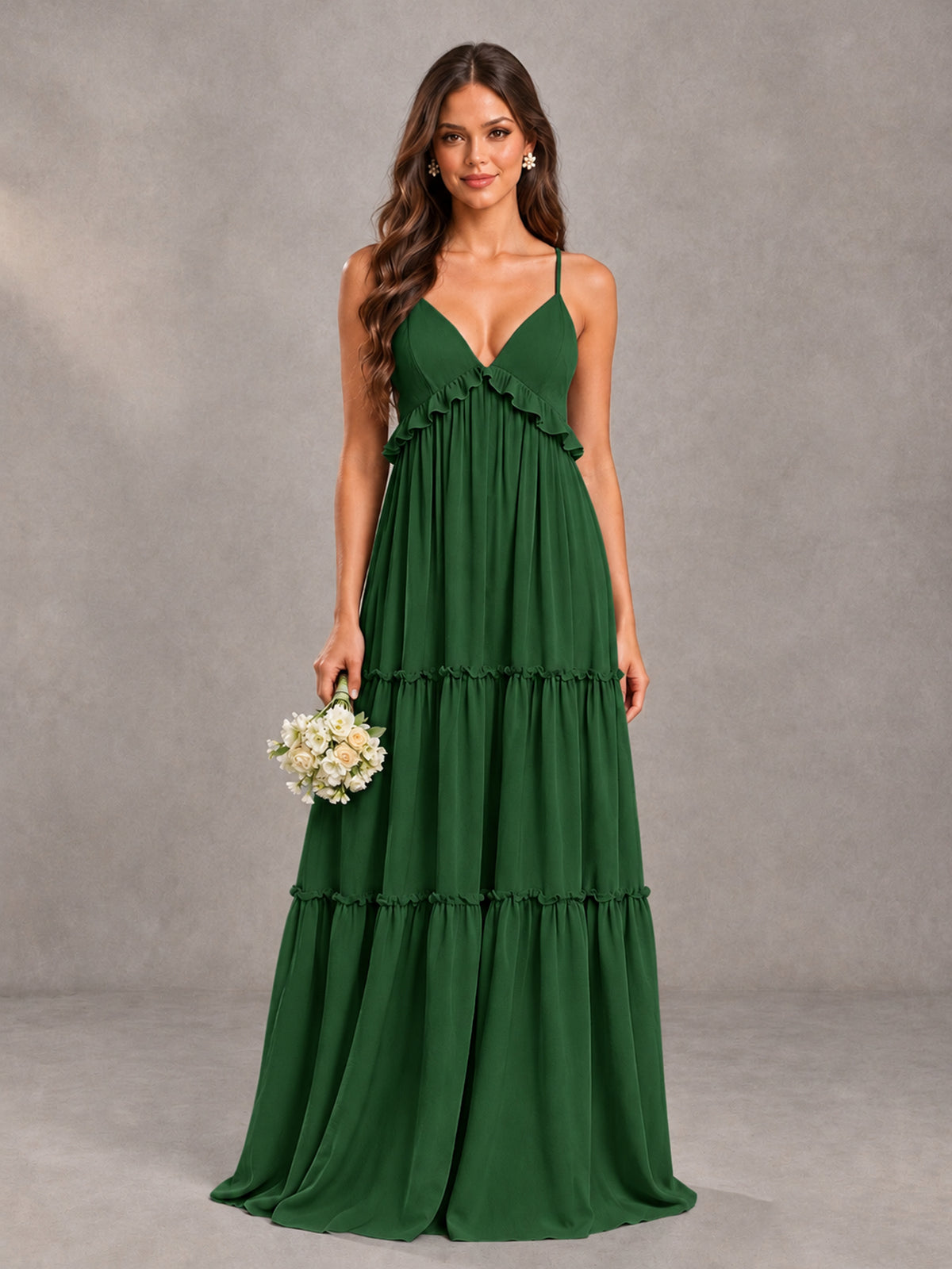 BOLODOO Emerald Green Tiered V-Neck Lace-Up Back Bridesmaid Dress - Emerald Green - Emerald Green (1)