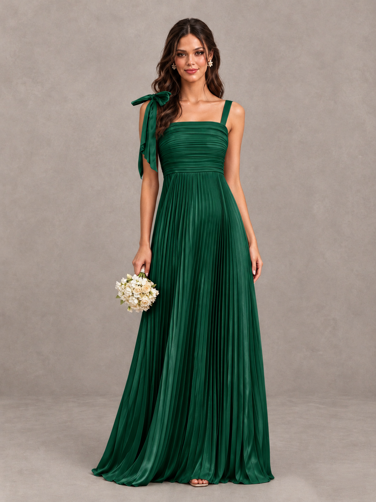 BOLODOO Emerald Green Pleated Bow-Strap Bridesmaid Maxi Dress - Emerald Green - Emerald Green (1)